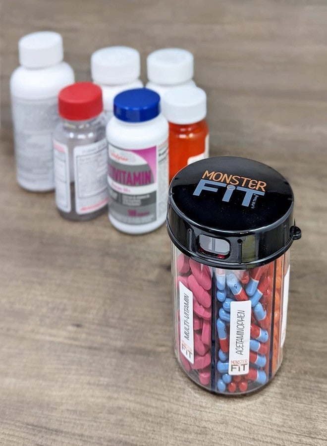 pill thing زجاجة توزيع حبوب المكملات الغذائية، 6 أقسام، ملصقات، سهلة الفتح، مانعة للخلط، منظم فيتامينات شهري، حامل أدوية مونستر فيت جونيور (شفاف، صغير) - Image 5